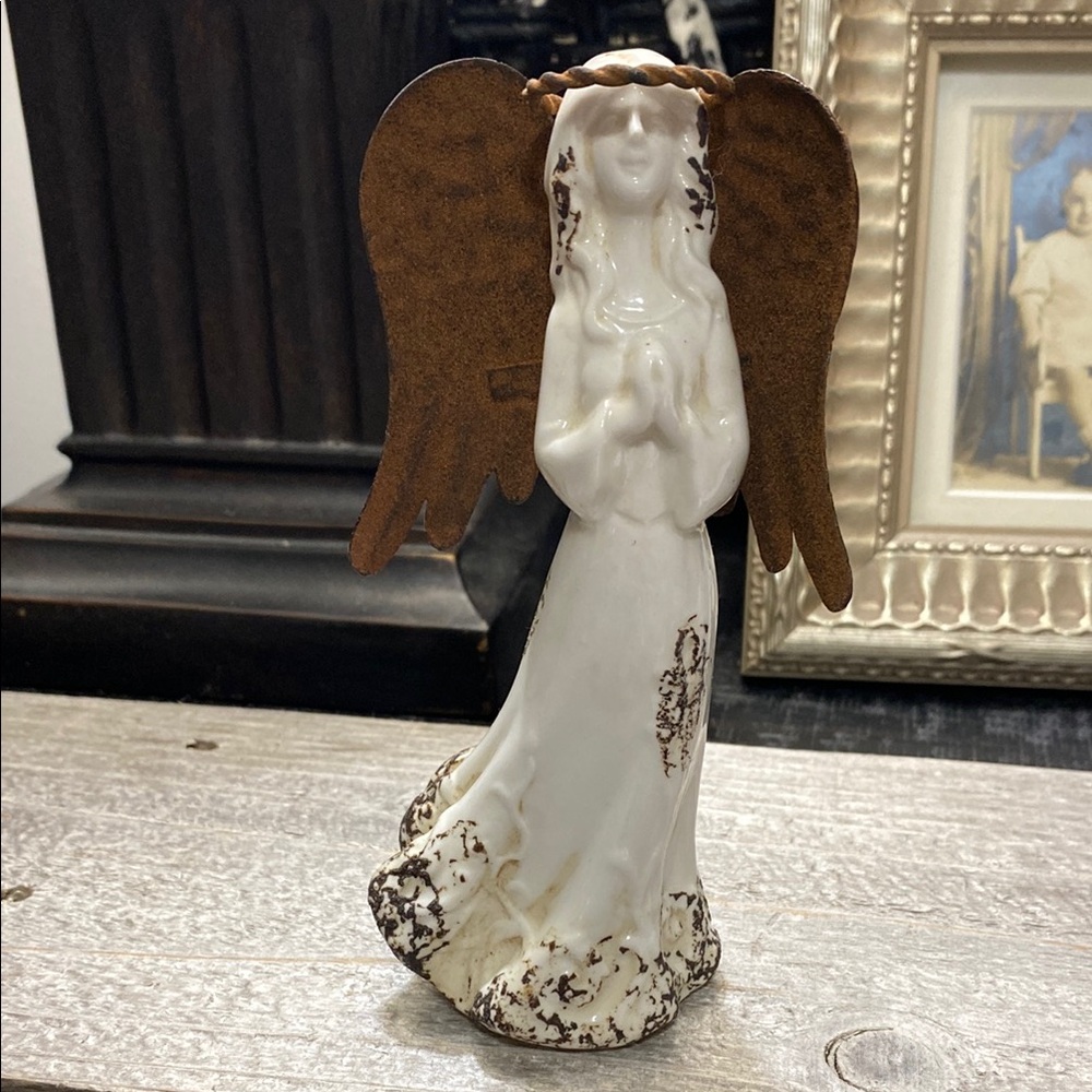 Vintage Rustic Ceramic Praying Angel Figurine With Rusted Metal Wings!